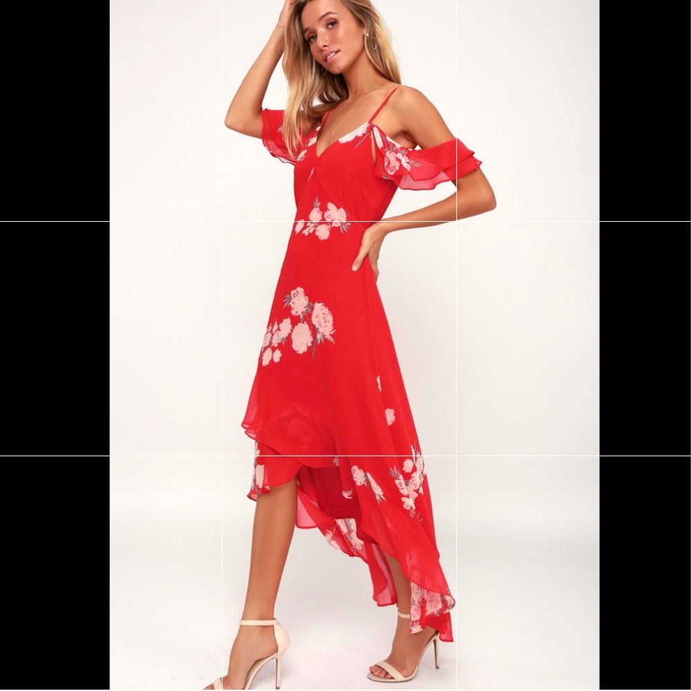 Lulu’s NWT XS Love in Bloom Red Floral Print Off-the-Shoulder High-Low Dress